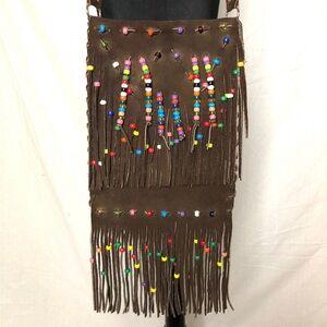 Vintage 60s 70s Brown Suede Leather Rainbow Beaded Fringed Original Hippie Bag